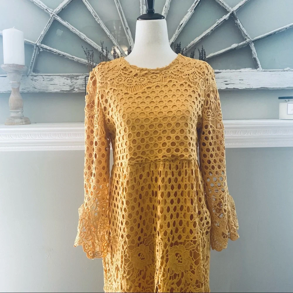 Orange Creek Mustard Lace Midi Dress Size Small - Picture 7 of 16